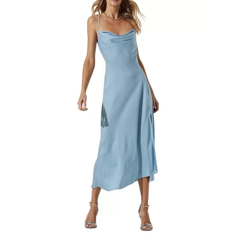 Blue ASTR The Label Kentucky Derby satin‎ midi dress cowl neckline Size L